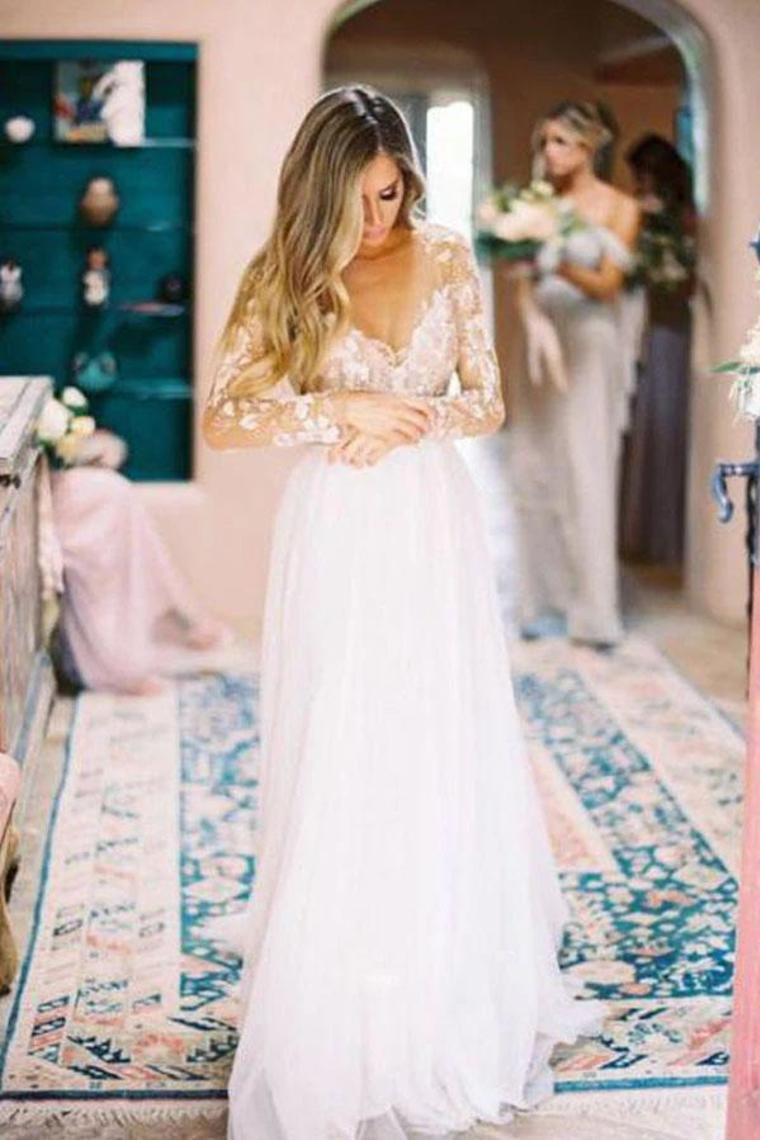 Chic A-Line Long Sleeves Lace Bodice See Through Wedding Dresses Backless Country Wedding SRSPY73AEE8
