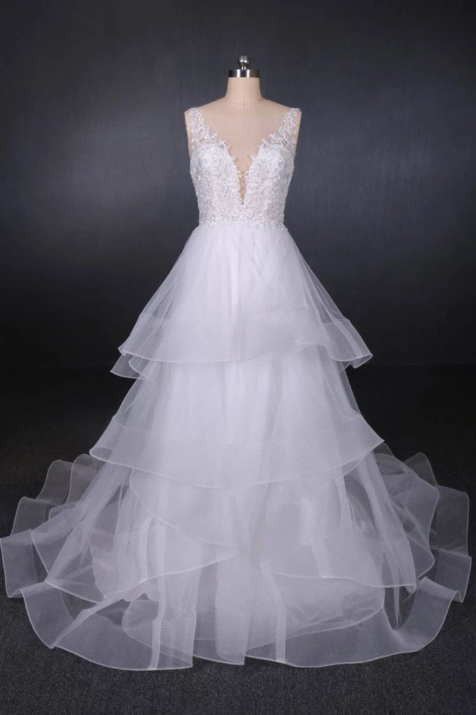 Elegant V-neck Tulle Open Back Wedding Dresses, Asymmetrical Long Bridal Dresses SRS15217