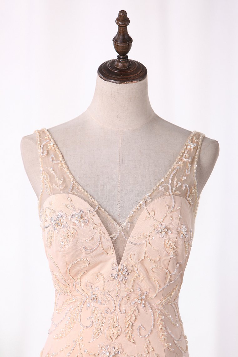 2024 Wedding Dresses V Neck Open Back Beaded Bodice Spandex Mermaid