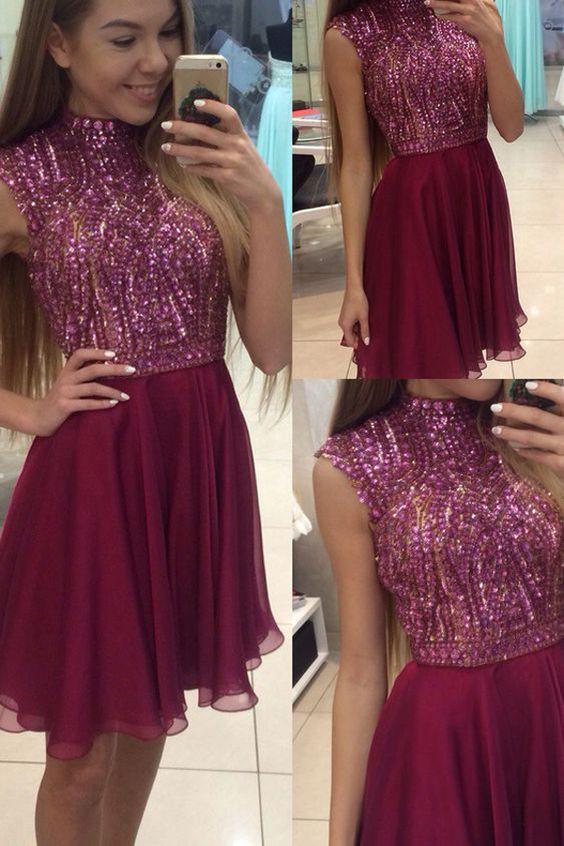 Sexy Halter Short Sleeveless Maroon Homecoming Dress with Beading RS530