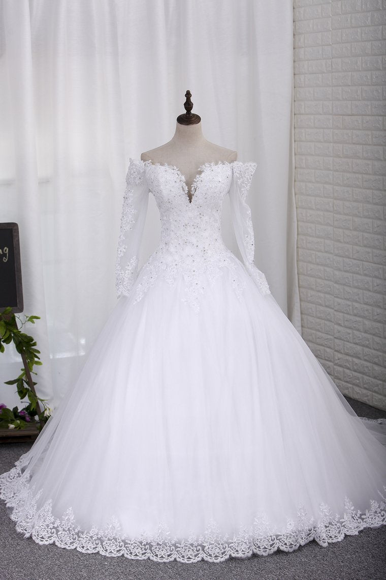 2024 New Wedding Dress A-Line Scoop Long Sleeves Tulle Court Train With Applique
