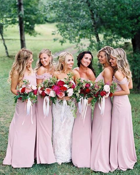 Dusty Pink Chiffon Sheath Off Shoulder Long Bridesmaid Dresses, Wedding Party Dresses SRS15141