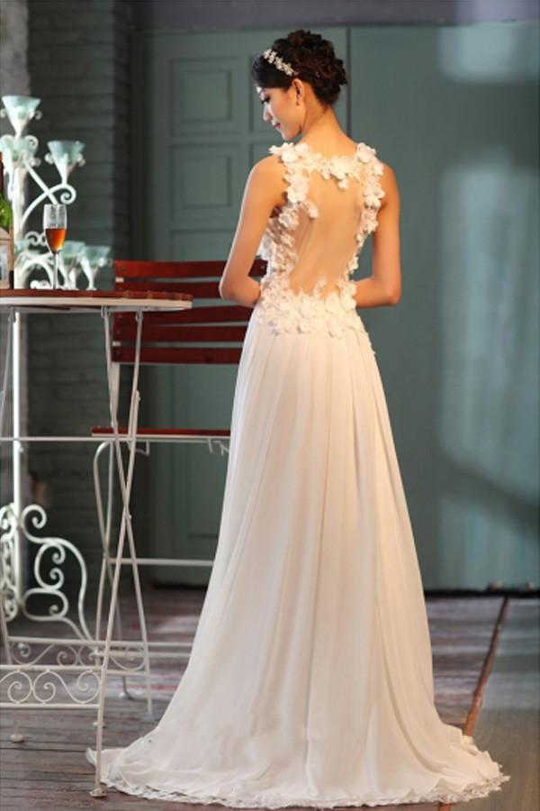 Sheer Back A-Line V-Neck Floor-Length Chiffon Appliques Sleeveless Wedding Dress RS66