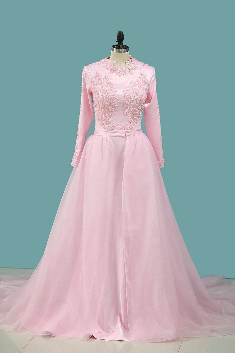 2024 Mermaid Wedding Dresses Scoop Long Sleeves Stretch Satin With Tulle Detachable Train