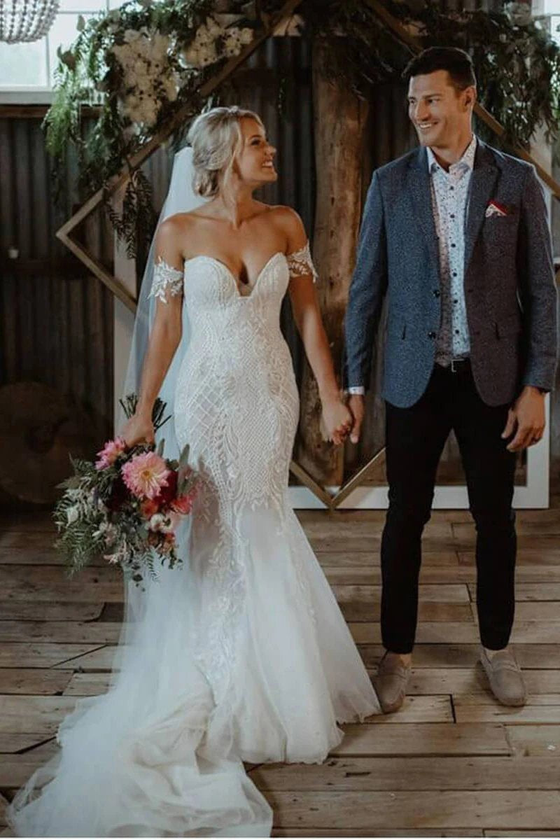 Charming Ivory V Neck Mermaid Strapless Lace Appliques Wedding Dresses, Bridal Dresses SRS15506