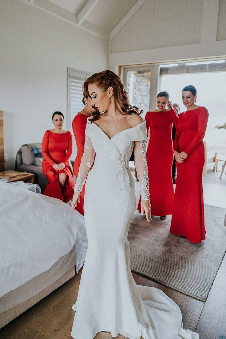 Charming Off the Shoulder Long Sleeves V Neck Mermaid Wedding Dresses, Bridal Dresses SRS15116