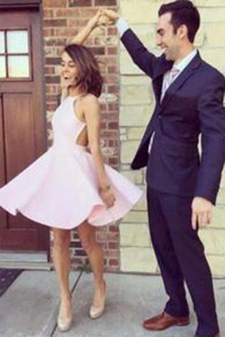 Pink Short Prom Dress Elegant New arrival A-Line Backless Halter Sleeveless Homecoming Dress RS27