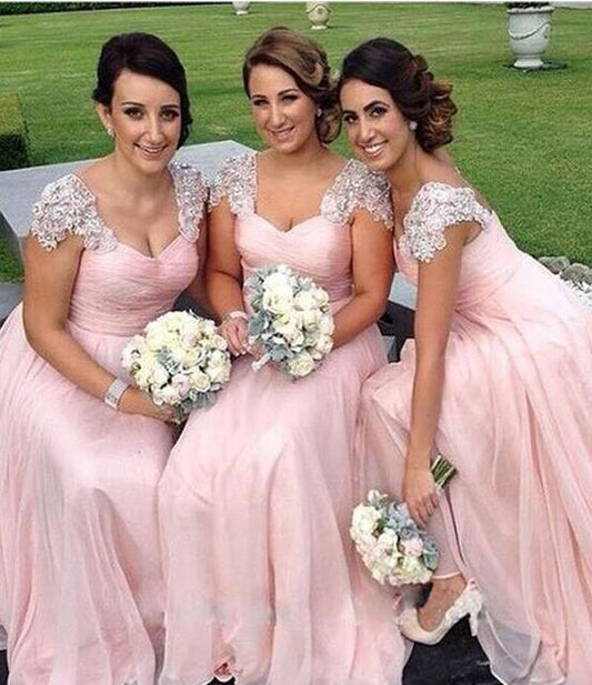 A-Line Pink Princess Cap Sleeves Sweetheart Floor-Length Beads Chiffon Bridesmaid Dresses RS509