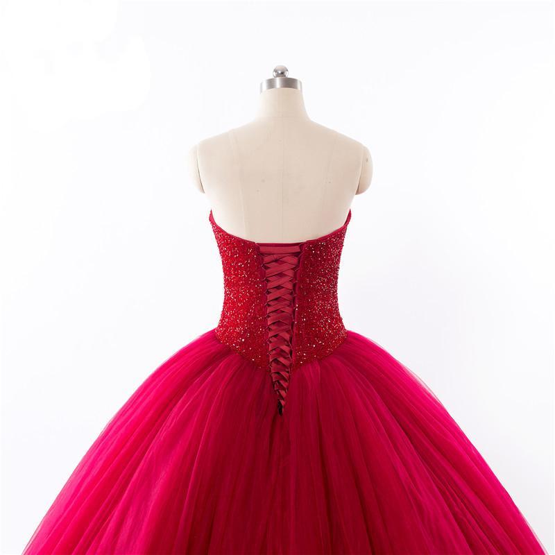 New Style Red Tulle Lace up Sweetheart Strapless Beads Ball Gown Prom Quinceanera Dress RS512