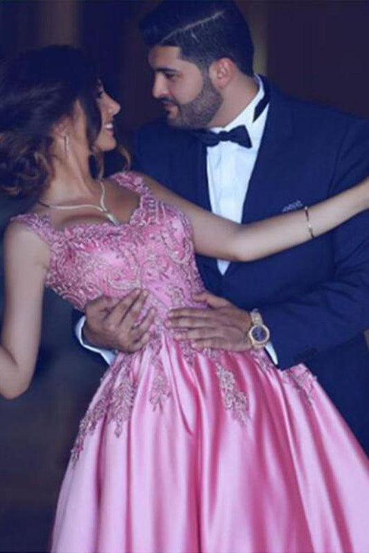 A-Line Luxury Square Appliques Beaded Satin Sweetheart Lace up Pink Quinceanera Dress RS399