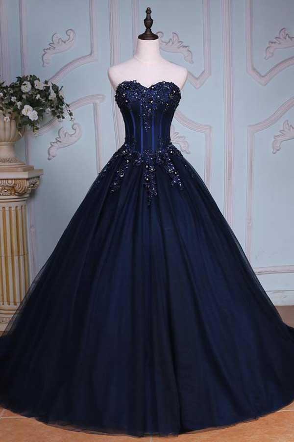 Princess Ball Gown Sweetheart Navy Blue Beads Ruffles Long Tulle Prom Dresses with Lace up RS236