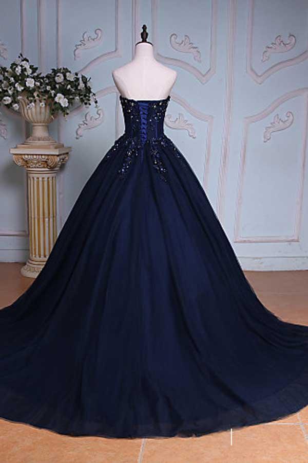 Princess Ball Gown Sweetheart Navy Blue Beads Ruffles Long Tulle Prom Dresses with Lace up RS236