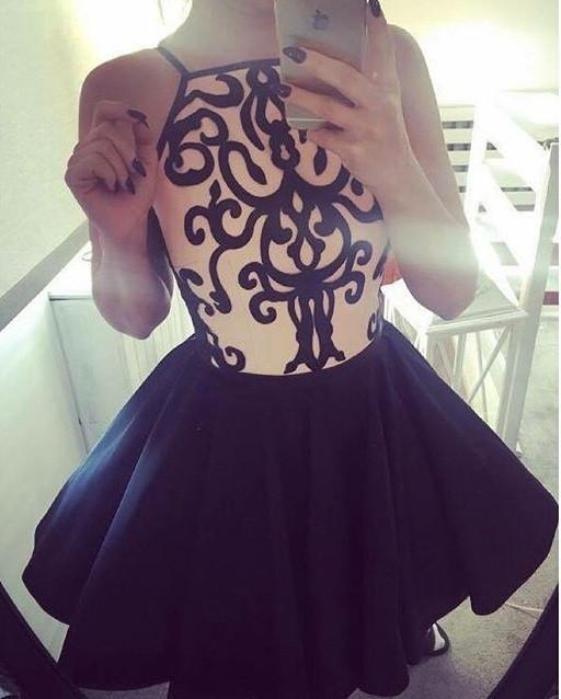 Stylish A-Line Halter Black Satin Short Graduation Dress Homecoming Dress RS96