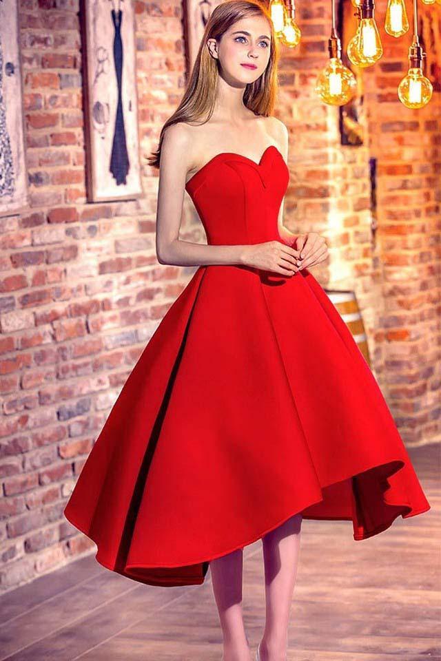 Princess Sweetheart Red Satin with Ruffles Asymmetrical High Low Classic Prom Dresses RS622