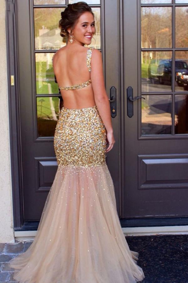 Scoop Floor-Length Tulle Sequins Sleeveless Backless Beading Prom Dresses RS395