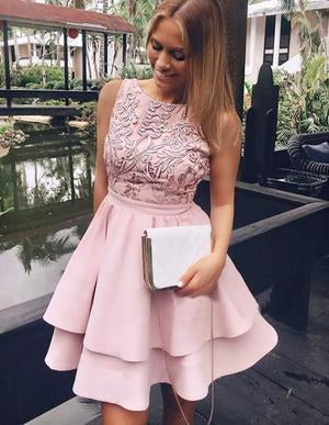 Pretty Bateau Short Blush Pink Scoop Satin Lace Appliques Homecoming Dresses RS16