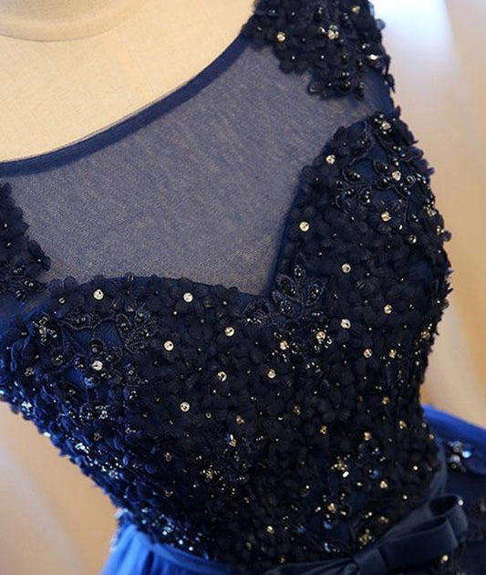 Dark Blue Tulle Lace Beads Ball Gown Open Back Sweet 16 Dress Quinceanera Dresses RS808