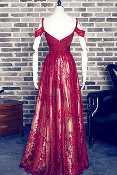 Red A-Line Sweetheart Burgundy Lace Long Off Shoulder Open Back Prom Dresses RS518