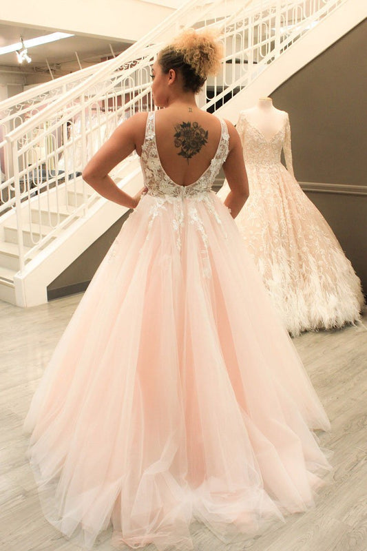 Princess V Neck Pink Long Tulle Lace Appliques Open Back Party Dress Prom Dresses RS66