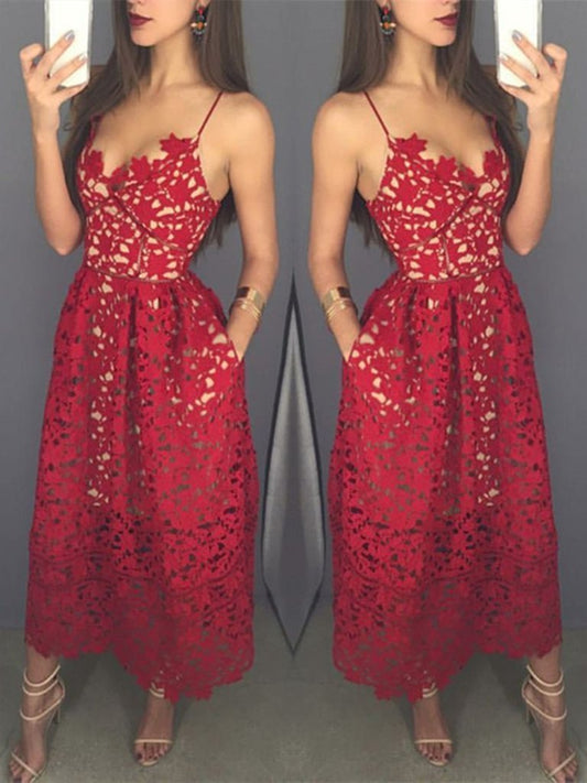 Mid-calf Red Lace Spaghetti Straps with Pockets Sweetheart Homecoming Dresses RS642