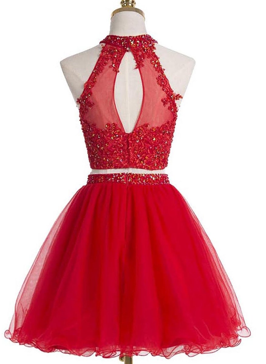 Two-piece Scoop Short Red Beaded Homecoming Dress with Appliques Sequins RS485