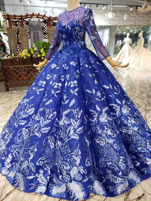 Ball Gown Blue Round Neck Prom Dresses with Beads Lace up Quinceanera Dresses RS784