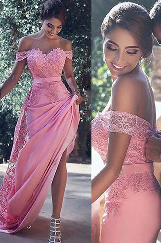 Pink Sheath Off-the-Shoulder Sweep Train Prom Dress with Lace Sash Ruffles RS779