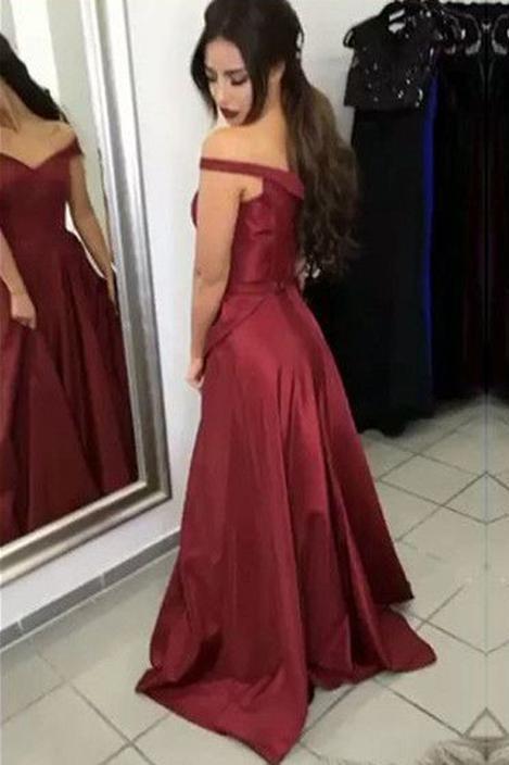 Satin Off the Shoulder A-line Sweep Train Sashes Sweetheart Burgundy Prom Dresses RS604
