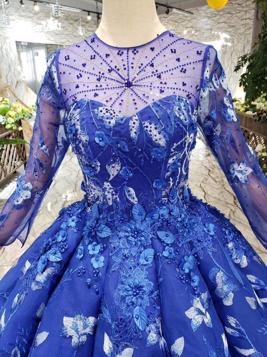 Ball Gown Blue Round Neck Prom Dresses with Beads Lace up Quinceanera Dresses RS784