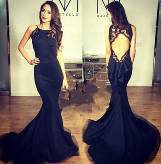 Sexy Open Back Black Halter Sleeveless Mermaid Long Fish Tail Custom Cheap Evening Dresses RS174