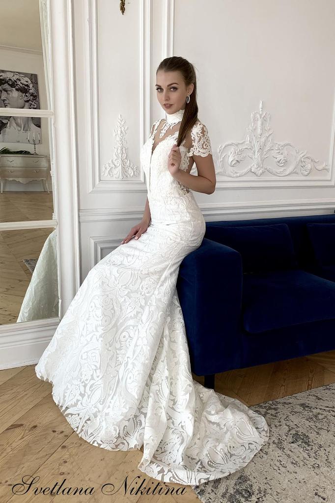 Lace Mermaid High Neck Short Sleeve Bridal Dress Wedding Dress