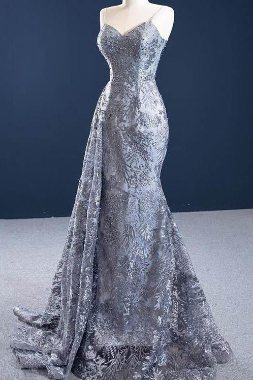 Mermaid Lace Grey Sleeveless Spaghetti Straps Long Formal Evening Dress