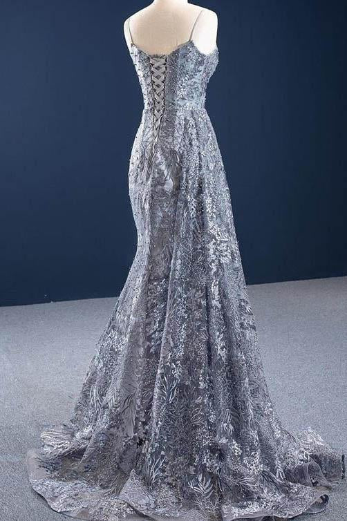 Mermaid Lace Grey Sleeveless Spaghetti Straps Long Formal Evening Dress