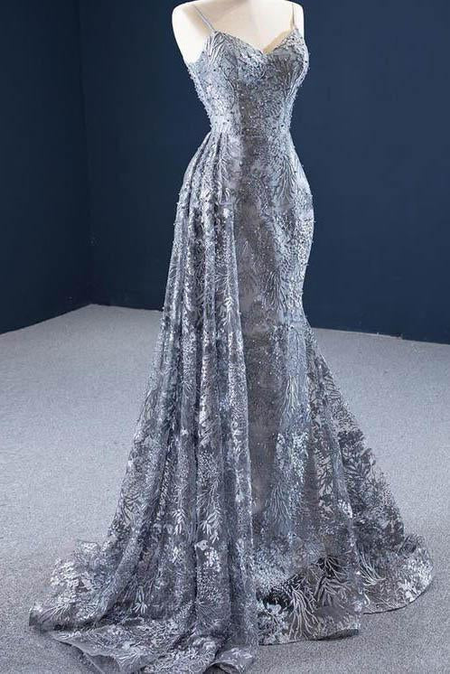 Mermaid Lace Grey Sleeveless Spaghetti Straps Long Formal Evening Dress