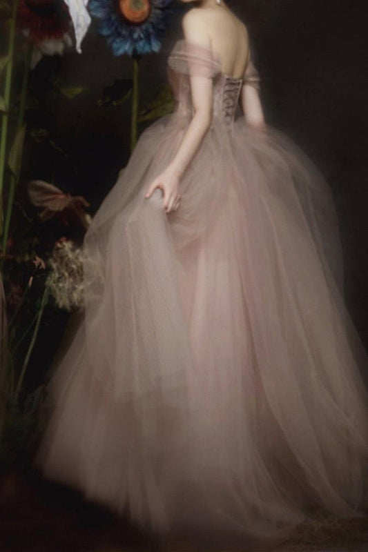 Off Shoulder Long Evening Dress A Line Tulle Prom Gown