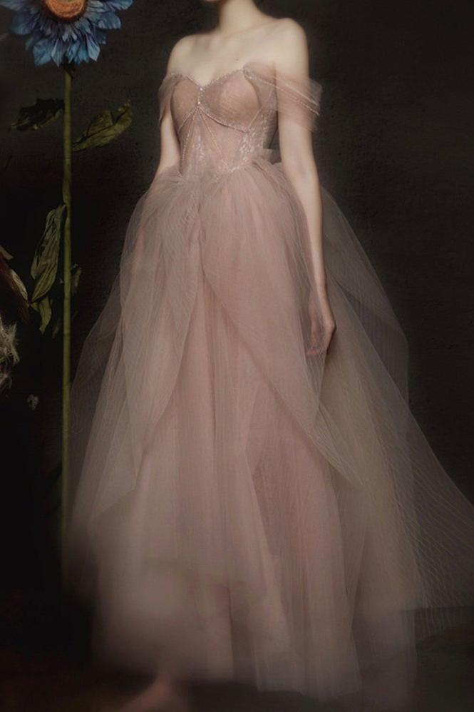 Off Shoulder Long Evening Dress A Line Tulle Prom Gown