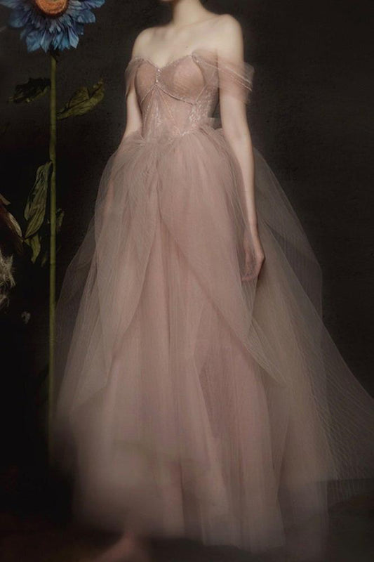 Off Shoulder Long Evening Dress A Line Tulle Prom Gown