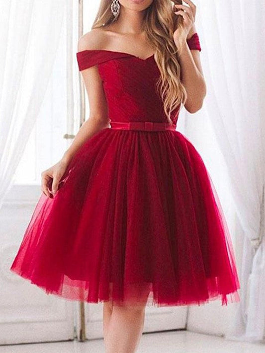 A-Line/Princess Tara Homecoming Dresses Tulle Ruffles Off-The-Shoulder Sleeveless Knee-Length Dresses