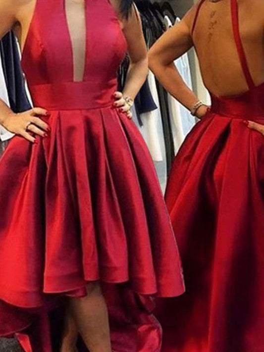 A-Line/Princess Sleeveless Halter Asymmetrical Dresses Homecoming Dresses Satin Aniyah