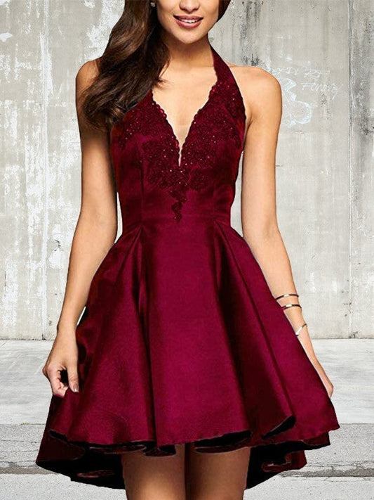 A-Line/Princess V-Neck Sleeveless Short/Mini Satin Lace Homecoming Dresses Jaylin Dresses