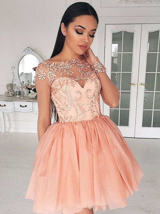 Chelsea Homecoming Dresses Chiffon A-Line/Princess Bateau Long Sleeves Short/Mini Applique Dresses