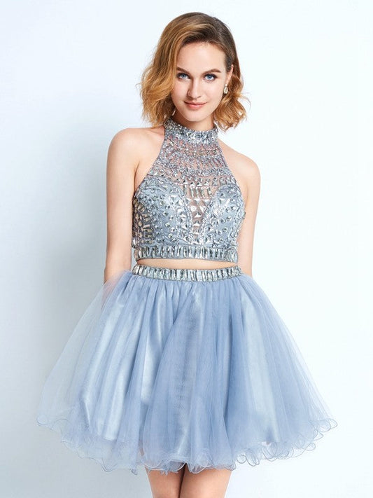 A-Line/Princess High Neck Sleeveless Beading Short/Mini Homecoming Dresses Kali Net Two Piece Dresses