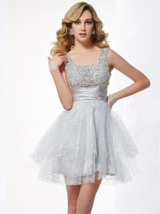 A-Line/Princess Straps Sleeveless Homecoming Dresses Satin Myla Beading Short Elastic Woven