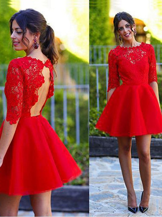 A-Line/Princess Scoop 1/2 Sleeves Short/Mini Dresses Lea Homecoming Dresses Lace