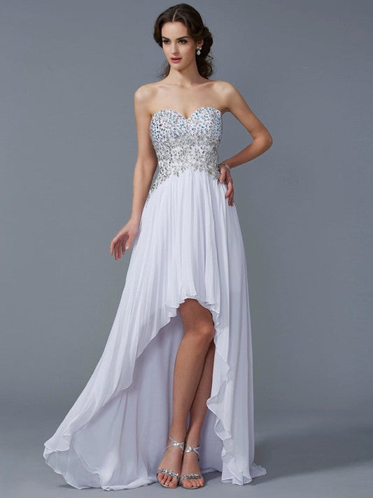 A-Line/Princess Gwen Chiffon Homecoming Dresses Sweetheart Sleeveless Beading High Low Dresses