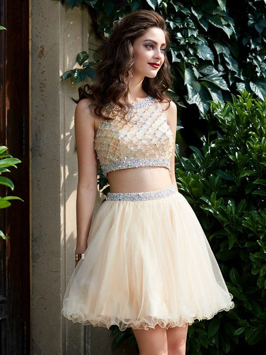 A-Line/Princess Scoop Net Sleeveless Lorna Homecoming Dresses Beading Short/Mini Two Piece