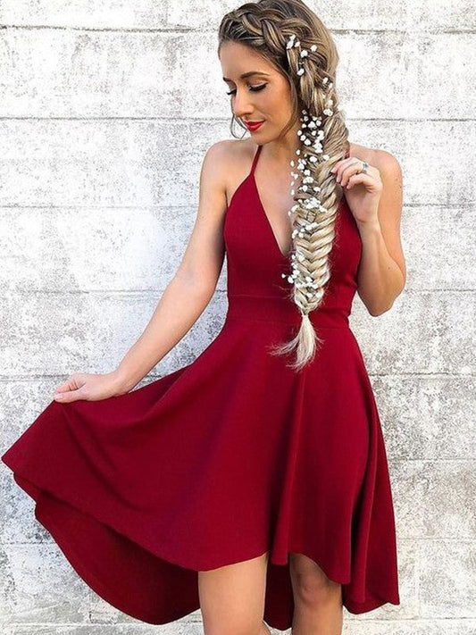 A-Line/Princess Sleeveless Halter Stretch Crepe Ruffles Homecoming Dresses Abagail Knee-Length Dresses