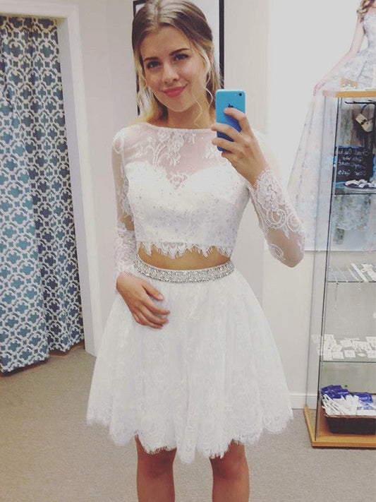 A-Line/Princess Long Sleeves Rebecca Homecoming Dresses Lace Rhinestone Bateau Short/Mini Two Piece Dresses