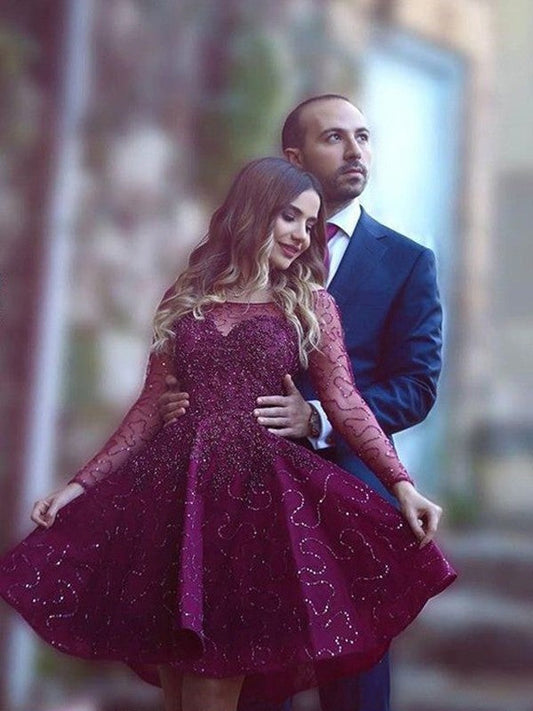 A-Line/Princess Long Sleeves Homecoming Dresses Lace Annabel Scoop Paillette Short/Mini Dresses