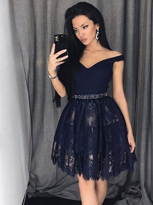 A-Line/Princess Sleeveless Off-The-Shoulder Beading Short/Mini Dresses Lace Sharon Satin Homecoming Dresses